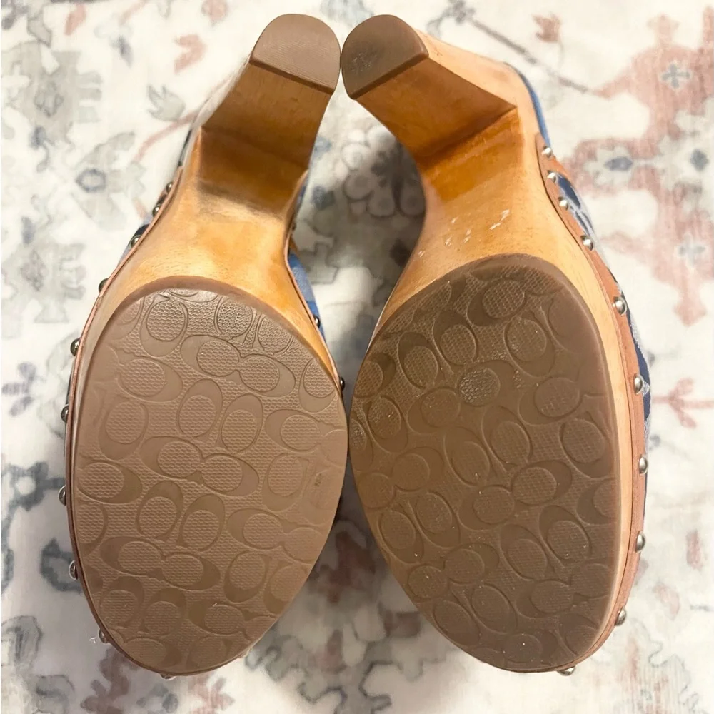 Coach Heels Bacall Wooden Clog Blue and Tan Mules in very good condition! - Picture 7 of 7